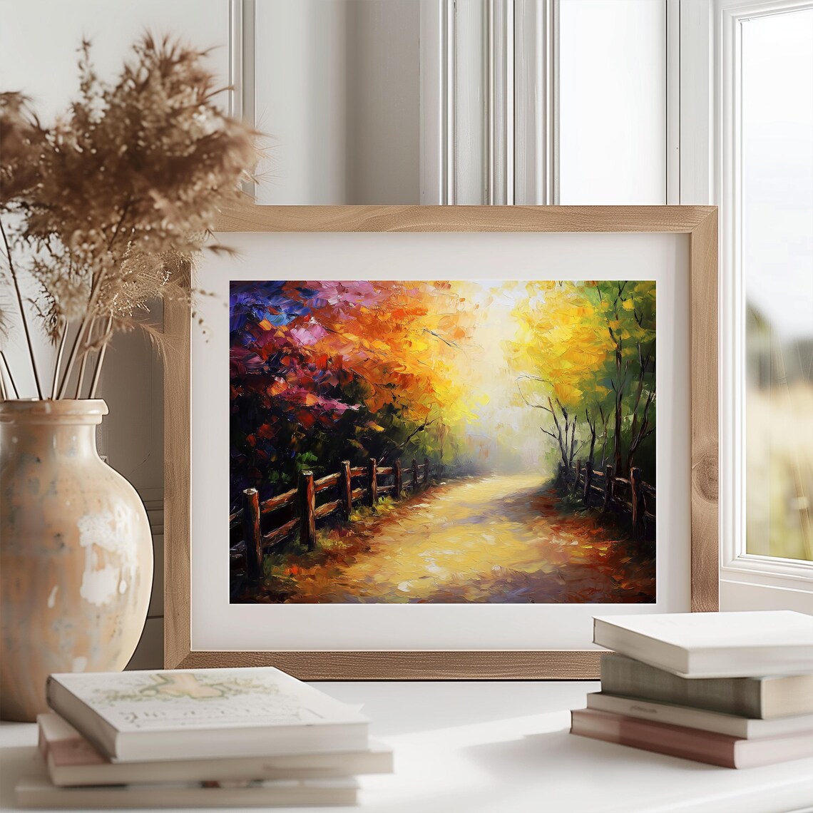 Vibrant Autumn Path With Wooden Fence Colorful Fall Forest Painting Poster - Image 2