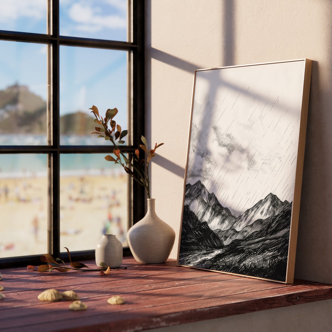 Dramatic Heavy Rain Over Rugged Mountain Range Pen Sketch Poster - Image 5