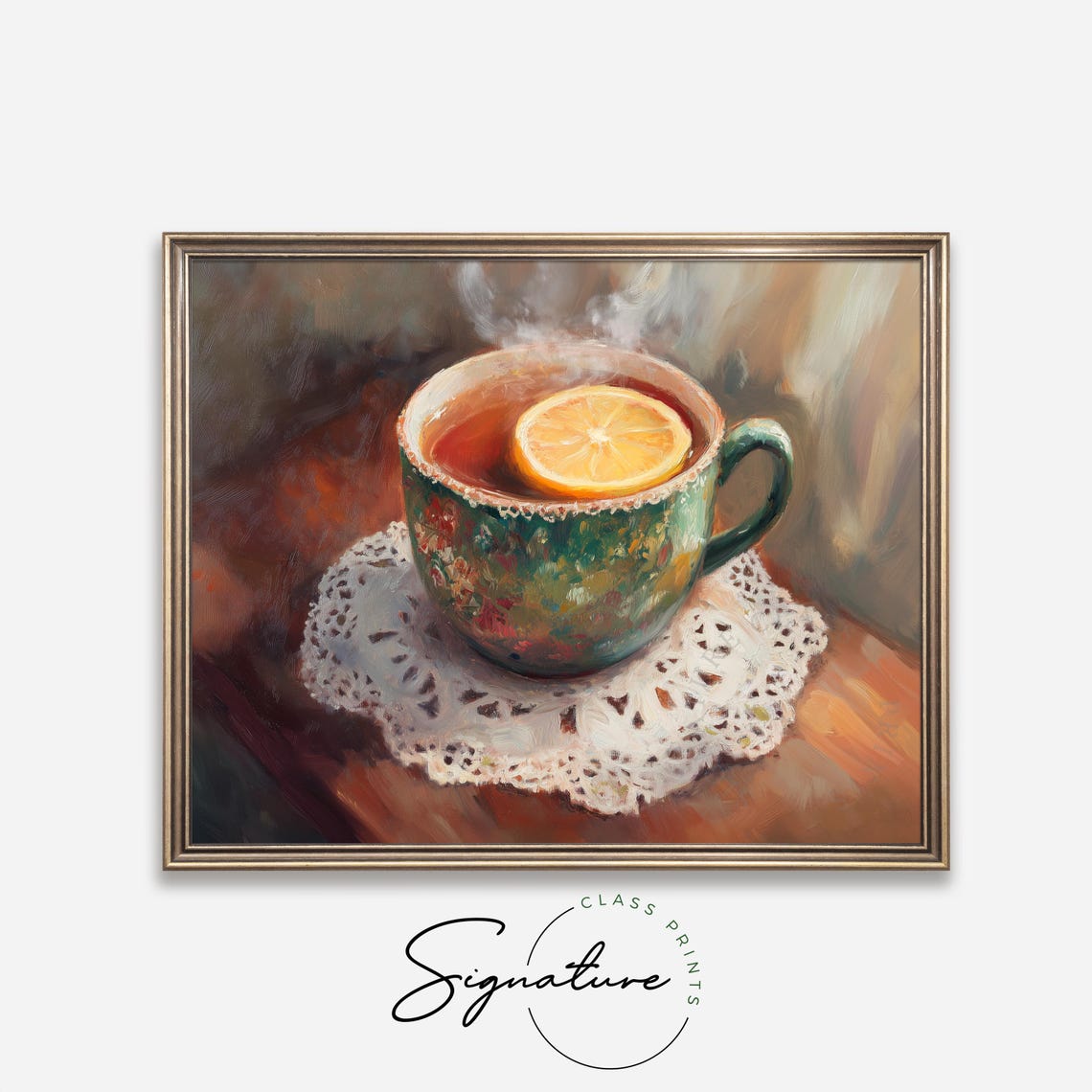 Steaming Tea With Lemon Slice In Green Cup On Lace Doily Cozy Wall Art - Image 4