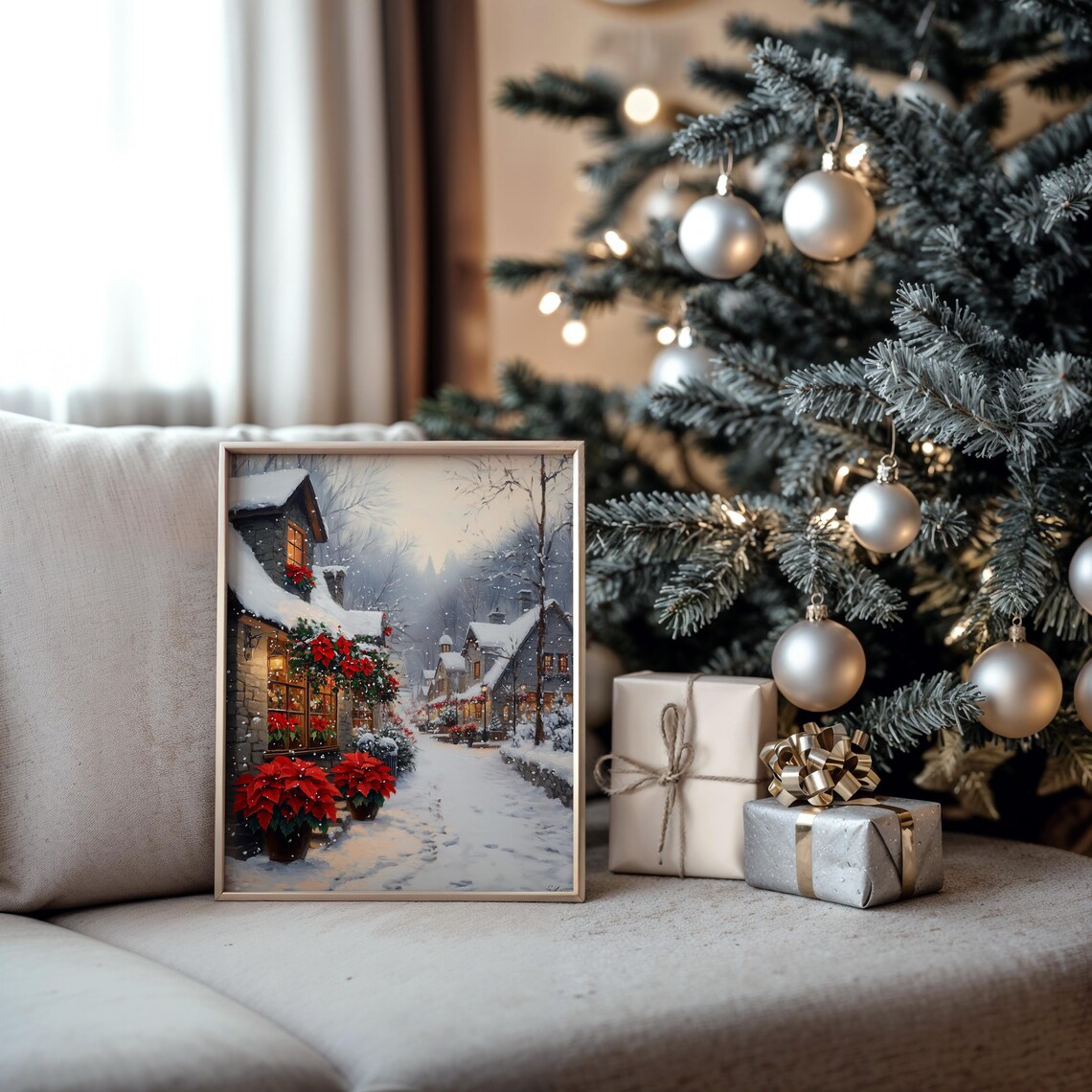 Poinsettia Flower Shop on a Snowy Village Street Christmas Poster - Image 5