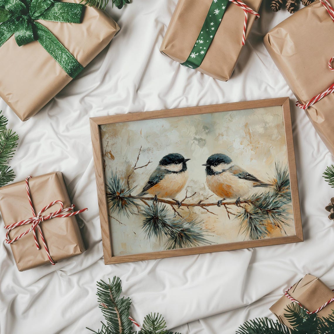 Pair Of Chickadees On A Pine Branch In Warm Winter Tones Poster - Image 2