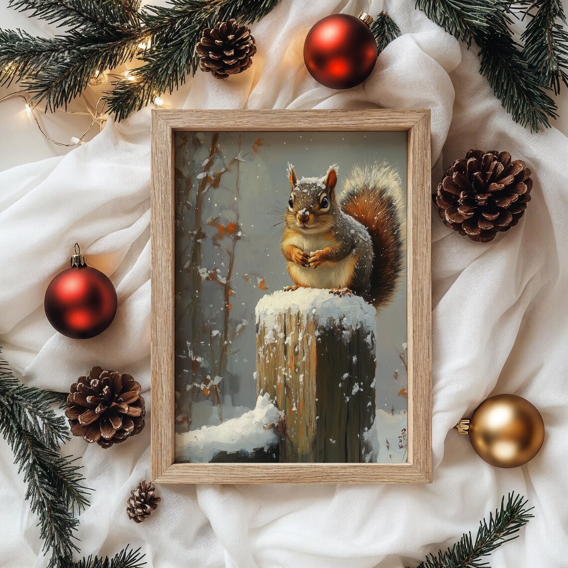 Red Squirrel Snowy Tree Stump Winter Woodland Animal Oil Painting Poster - Image 4