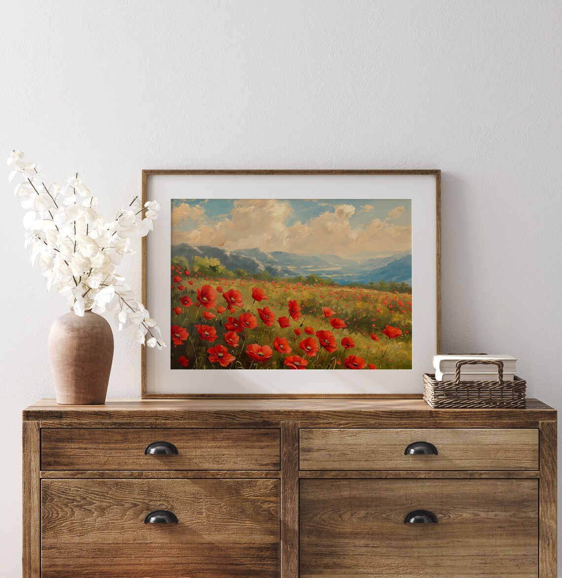 Red Poppy Field Oil Painting with Mountains and Cloudy Sky Poster - Image 3