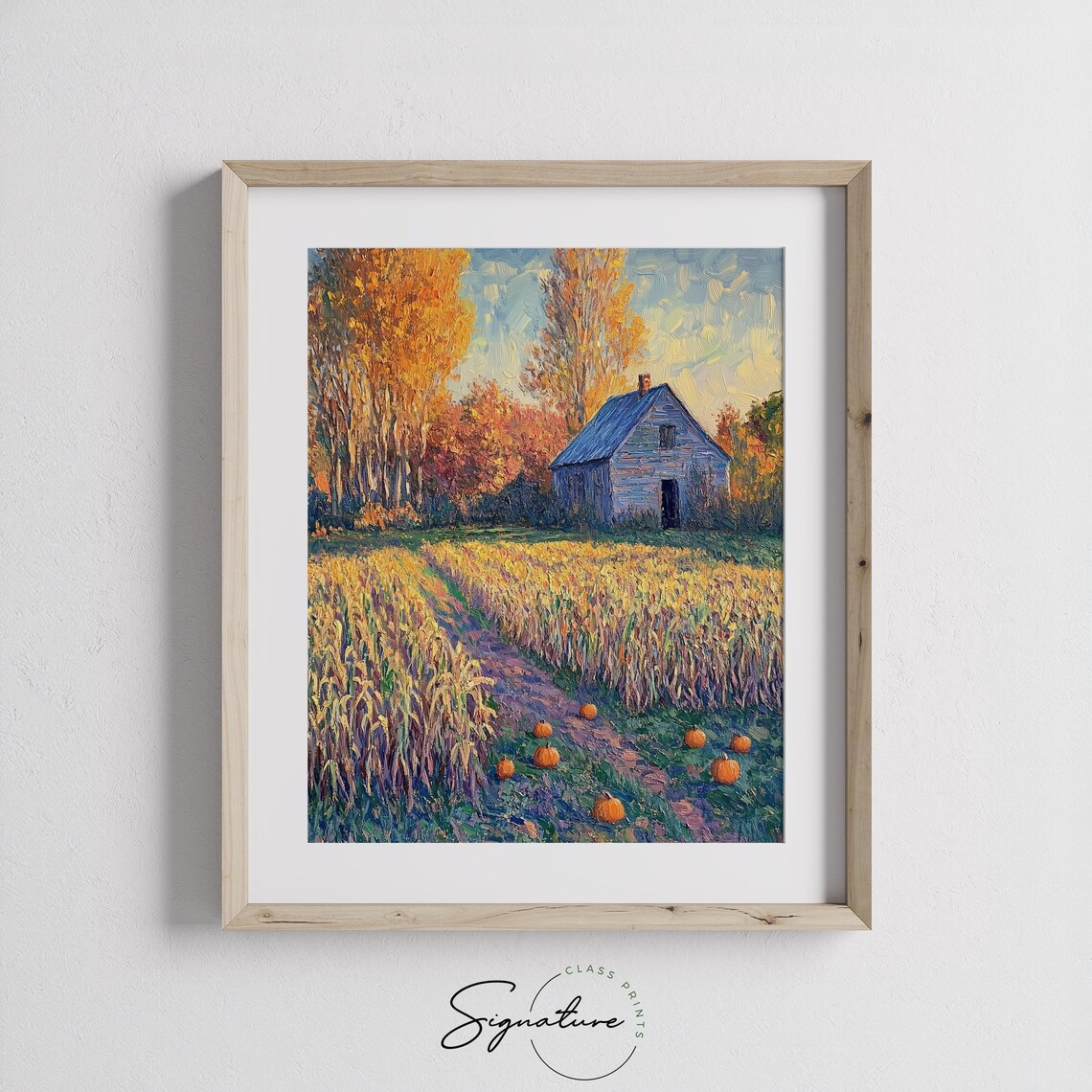 Weathered Barn in a Golden Wheat Field Dotted With Fall Pumpkins Poster - Image 3