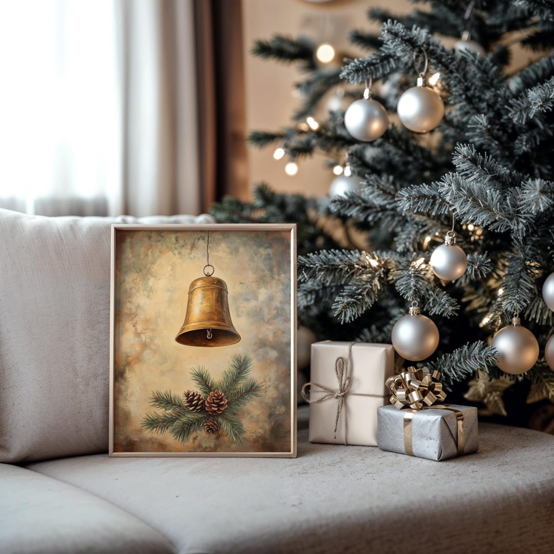 Antique Golden Bell Hanging Above Pine Sprigs and Pinecones Poster - Image 5