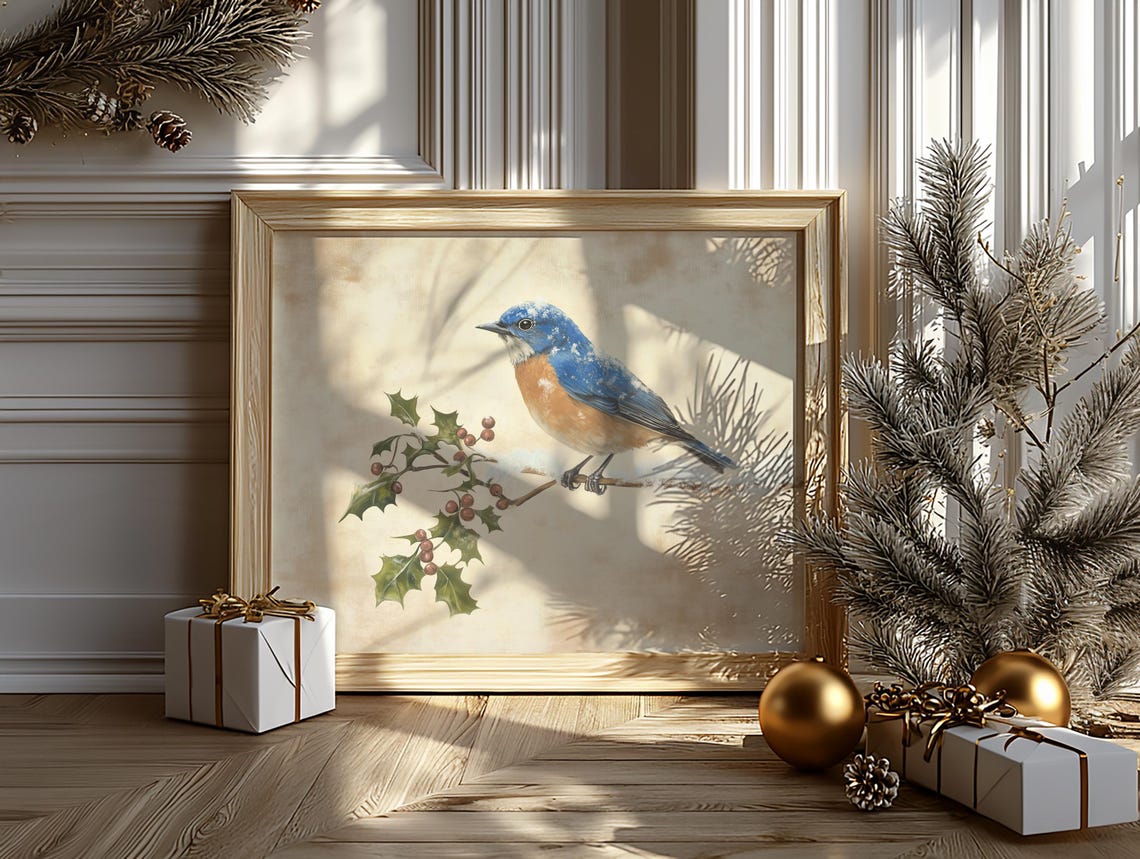 Western Bluebird on Snowy Branch With Red Holly Berries Poster - Image 6