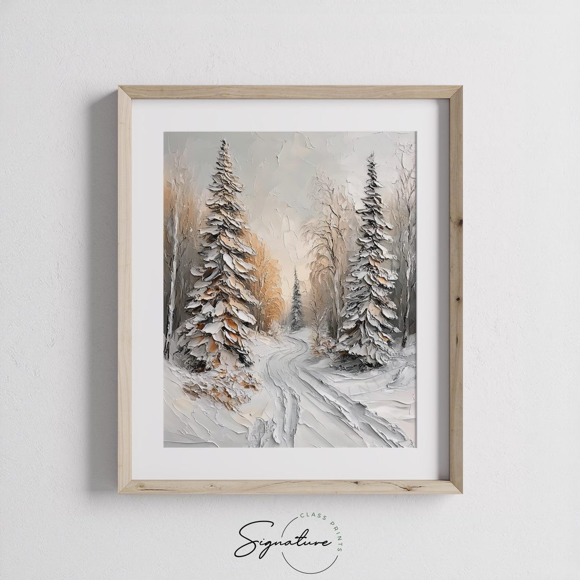 Thick Impasto Snowy Spruce Forest Path Textured Winter Poster - Image 2