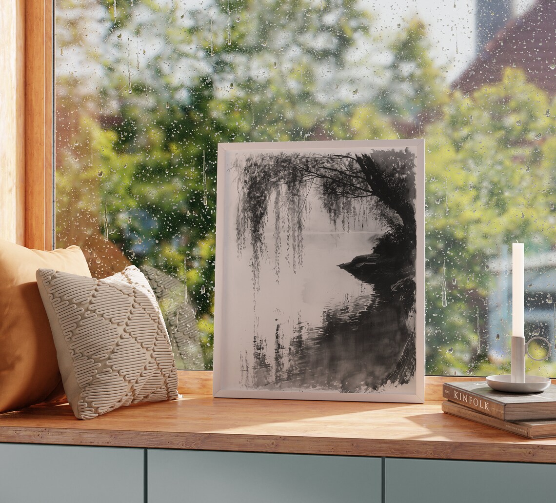 Pond With Overhanging Willow Sketch Art Print - Image 2