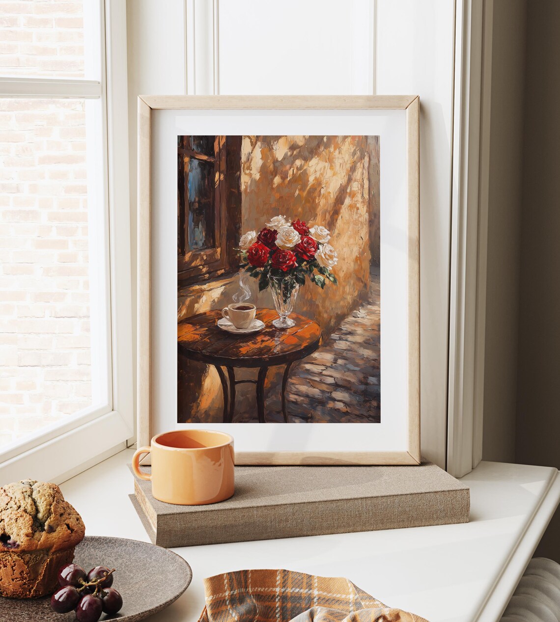 Sunlit Coffee Shop Patio With Roses, Rustic Scene Art Print - Image 6