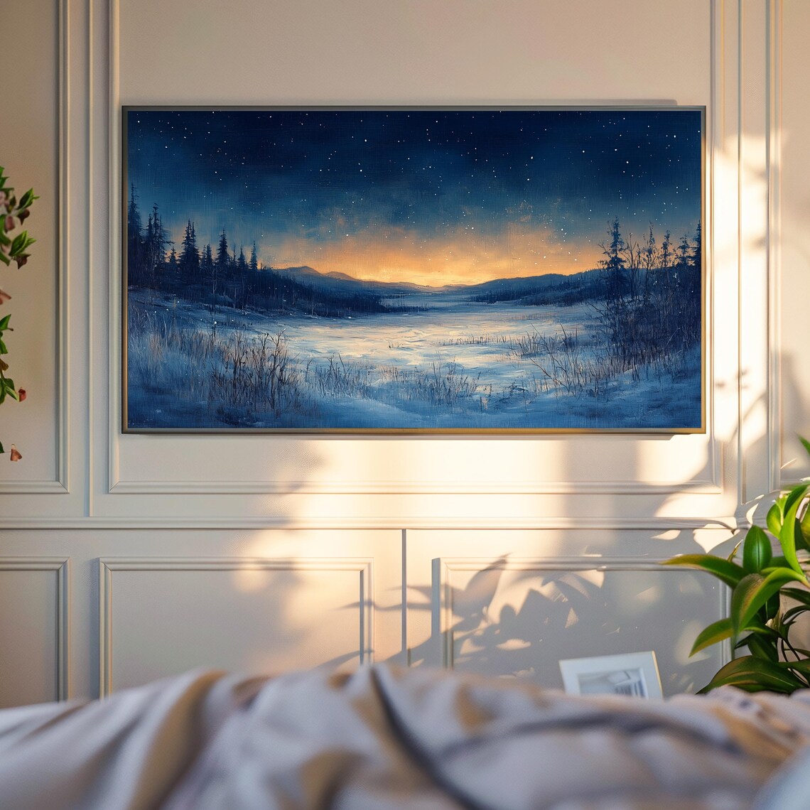 Snowy Winter Night Starry Sky Frozen Lake Moody Blue Landscape Poster - Image 4
