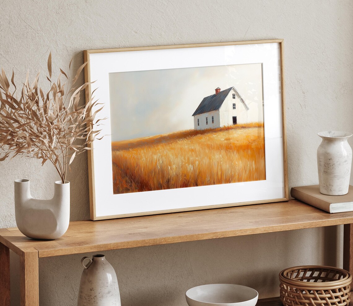 Small White Farmhouse Sitting in Sea of Golden Wheat Under Soft Sky Wall Art - Image 4