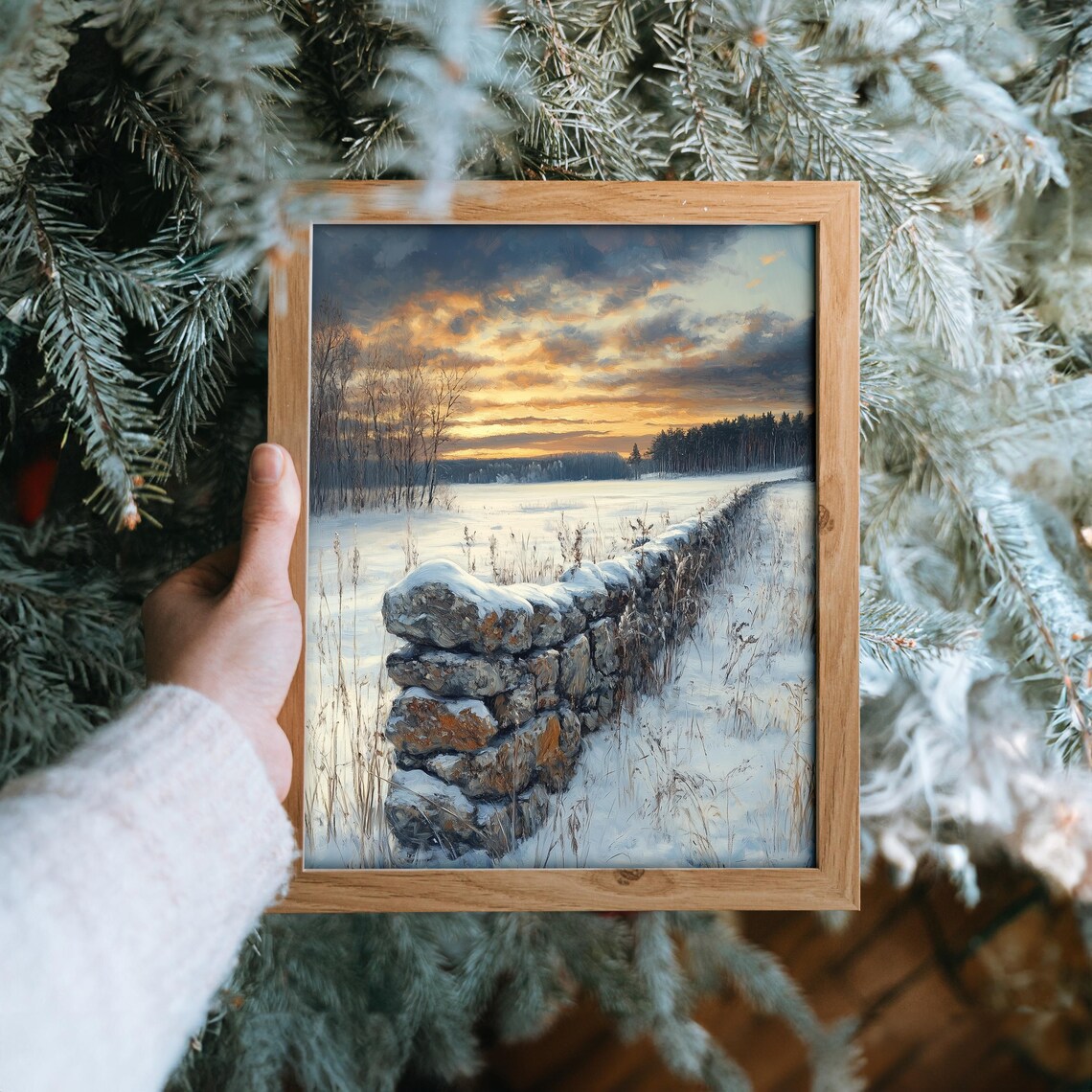 Snowy Stone Wall In A Frosty Field Under Golden Clouds Oil Painting Poster - Image 6