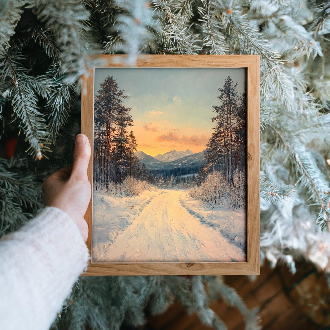 Snow Covered Road Through Pines at Sunset Winter Oil Painting Print - Image 6