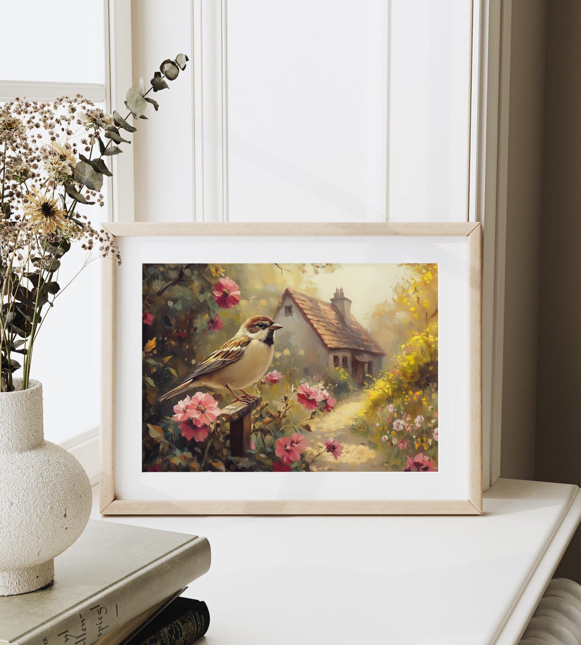 Sparrow Resting In Sunlit Flowering Cottage Garden Summer Poster - Image 4