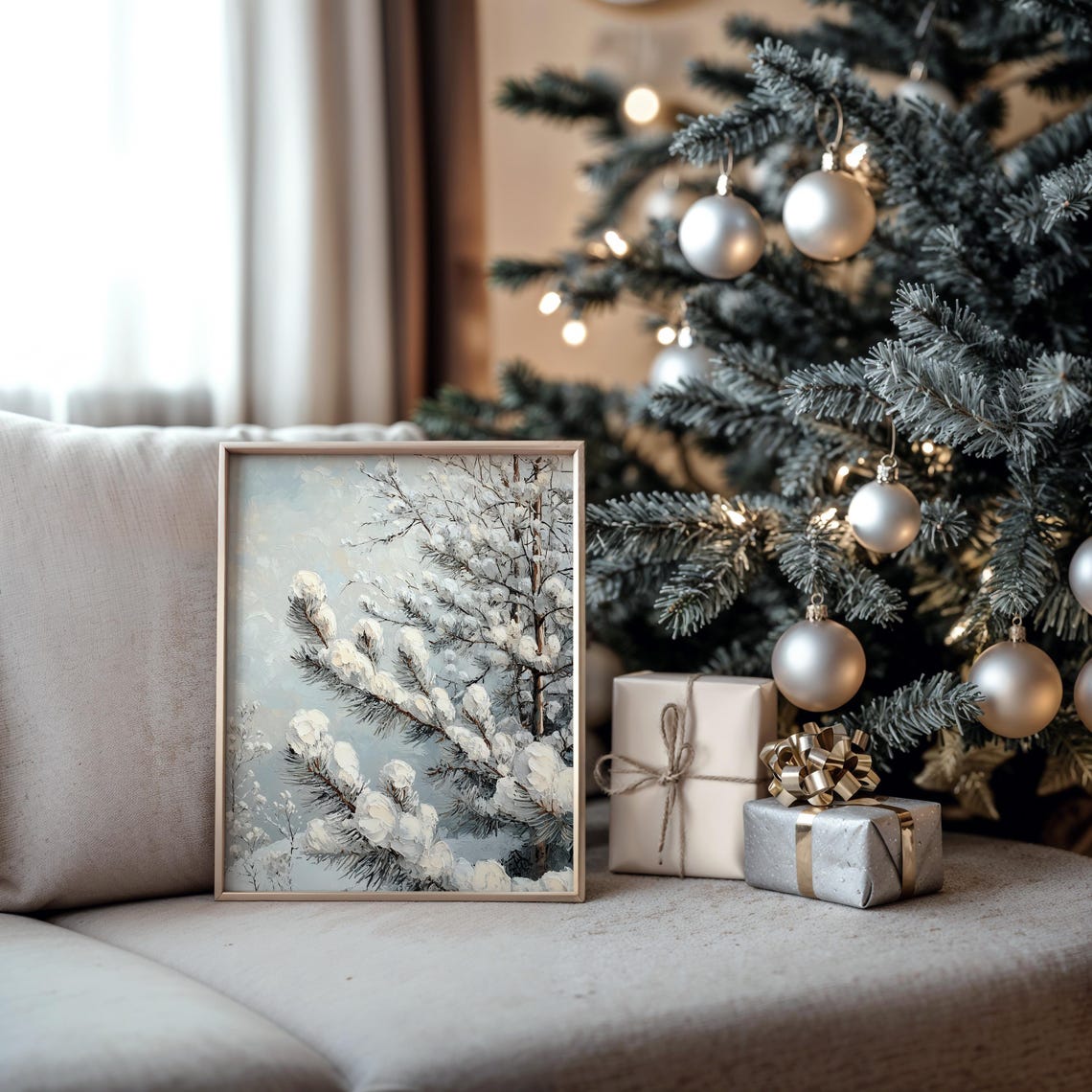 Snow Laden Pine Branches Close Up Textured Oil Painting Poster - Image 5
