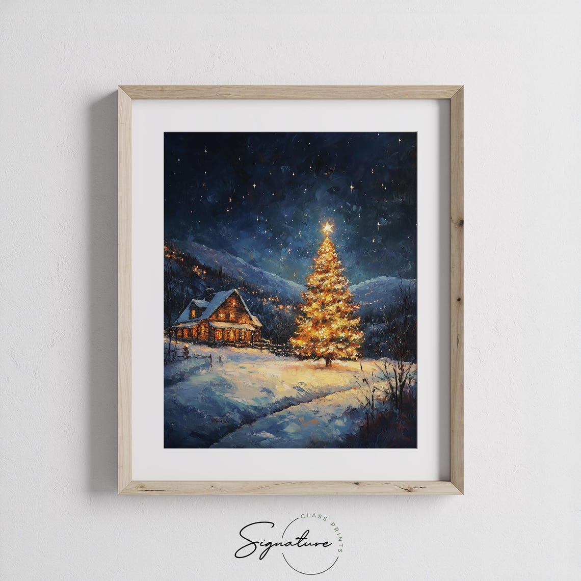 Snowy Christmas Night Lit Tree Log Cabin Starry Sky Winter Art Poster - Image 4