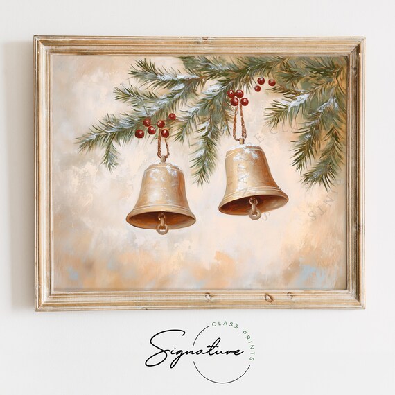 Rustic Christmas Bells With Evergreen Branches Art Print