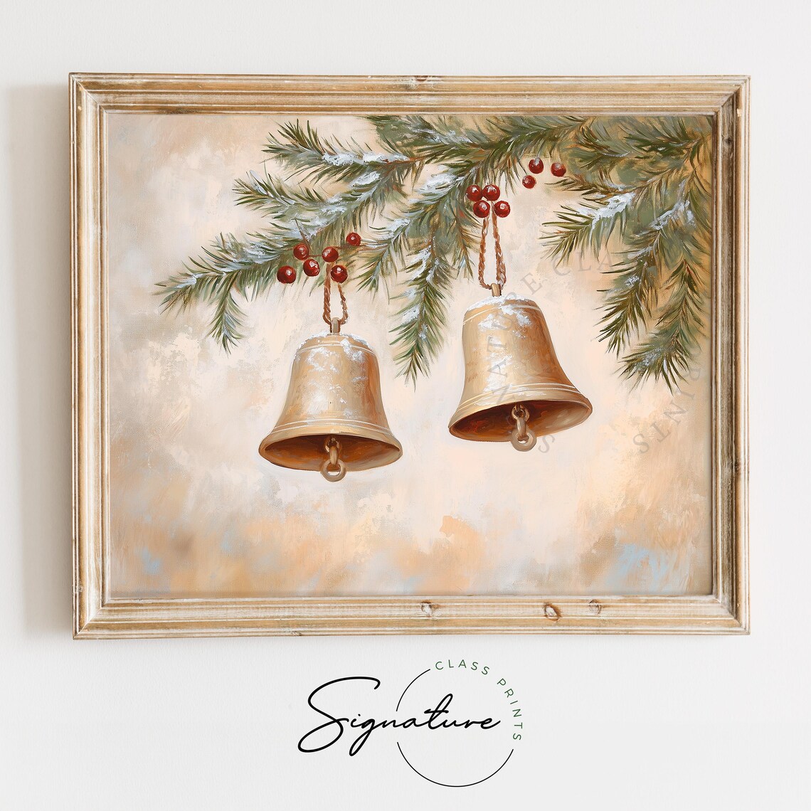 Rustic Christmas Bells With Evergreen Branches Art Print