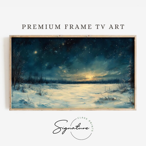 Starry Winter Night Over Snowy Meadow With Moonlit Sky Landscape Art Poster