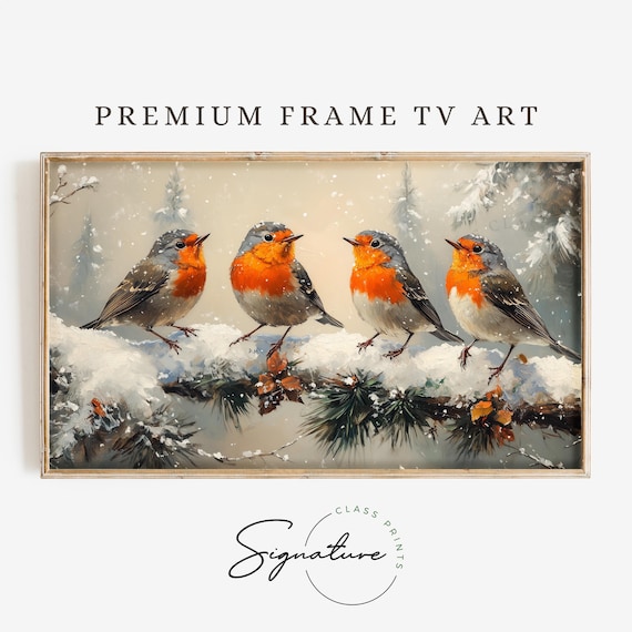 Four Robins on Snowy Branch Falling Snow Rustic Winter Poster