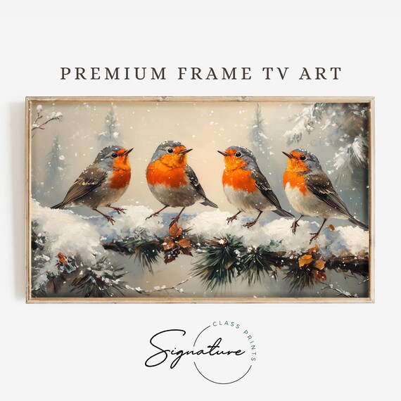 Robin Family Winter Perch Tv Art Bird Art Frame Tv Art Snowy Moody Nature Painting Deep Colors Rustic Wall Decor 3409