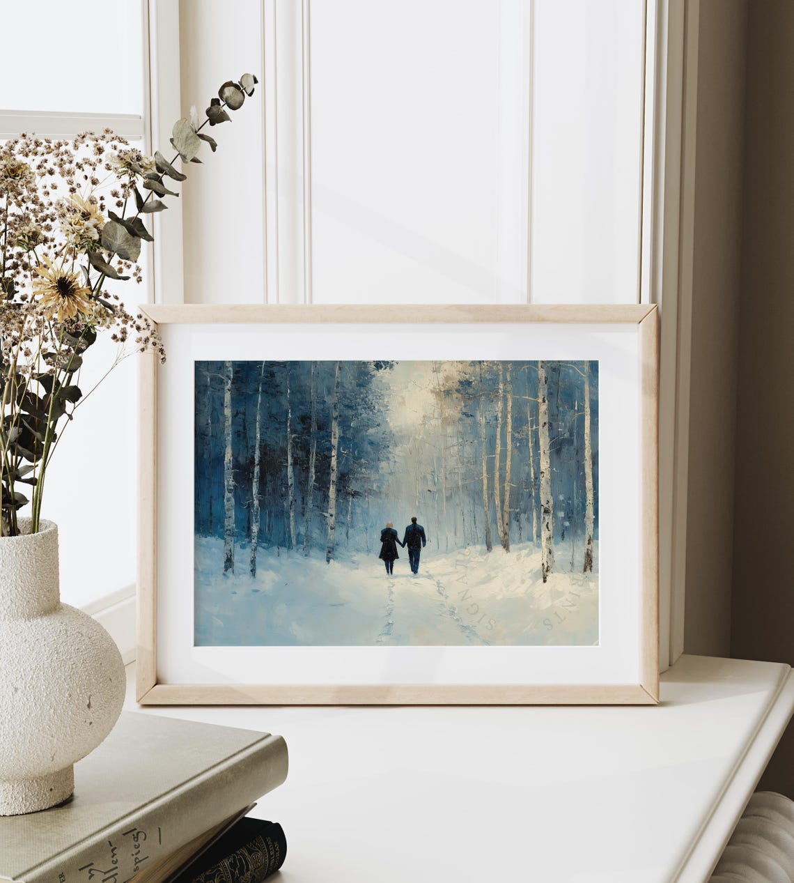 Romantic Couple Walking Through A Snowy Birch Forest Winter Poster - Image 6
