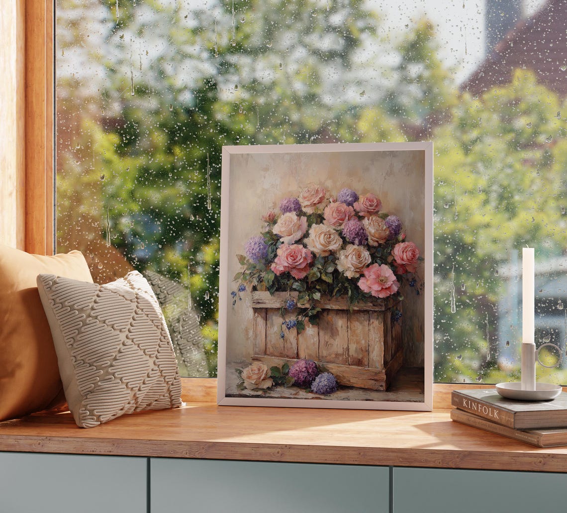 Rustic Wooden Box Roses And Hydrangeas Vintage Floral Painting Print - Image 3