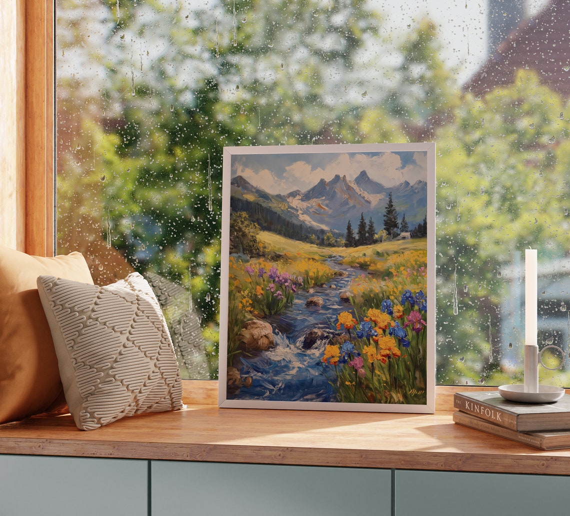 Iris Flowers Alongside Mountain Stream Colorful Wildflower Poster - Image 2