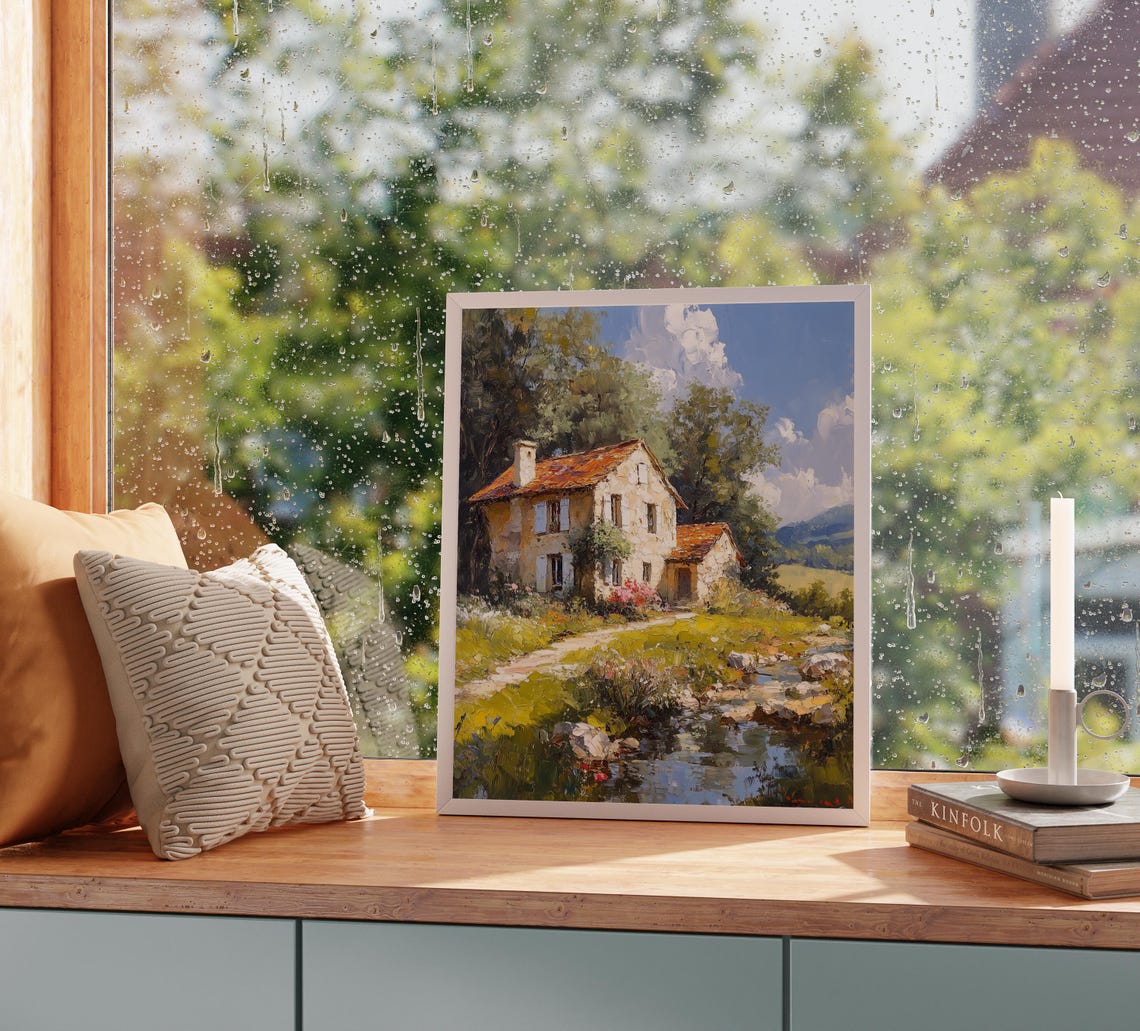 Stone Farmhouse by a Stream Sunlit Summer Countryside Poster - Image 2