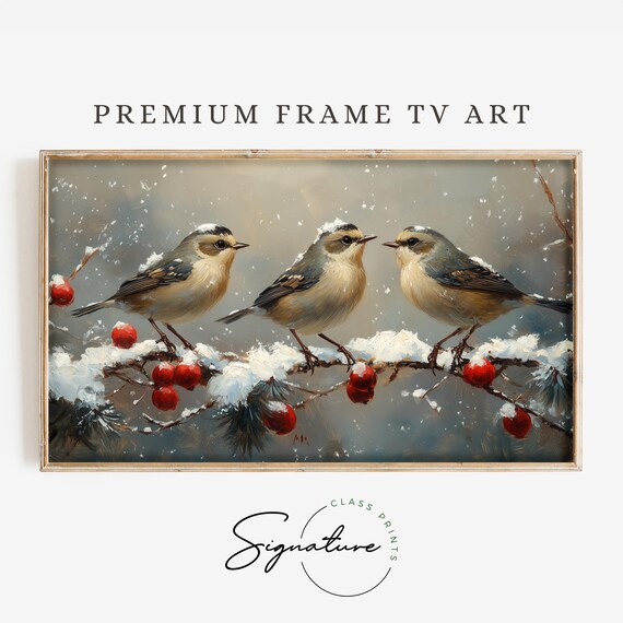 Goldcrest Trio Snowy Branch Red Berries Winter Birds Falling Snow Poster