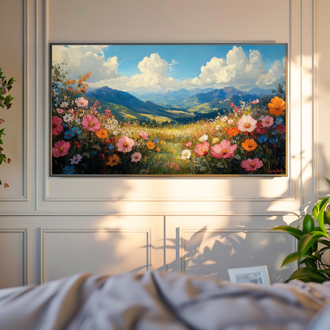Colorful Wildflower Field Below Blue Mountains Frame TV Wall Art - Image 6