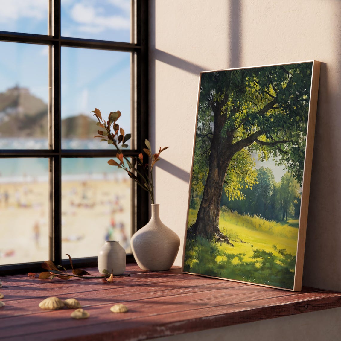 Majestic Oak Tree In Sunny Green Meadow Pastoral Painting Poster - Image 5