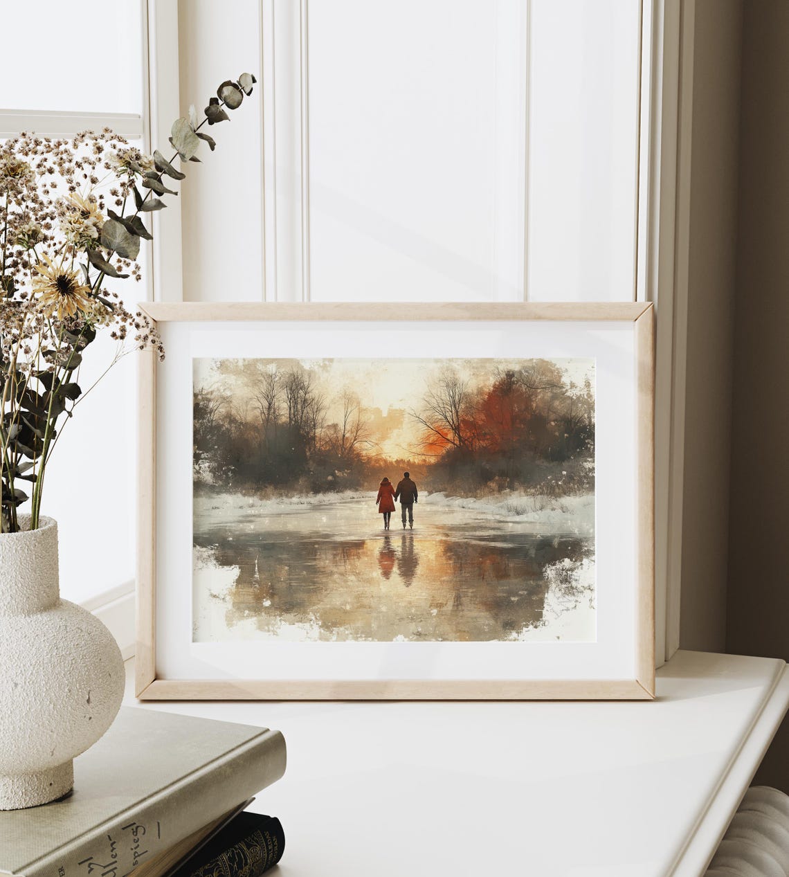 Couple Walking Hand In Hand Across Frozen Lake Sunset Poster - Image 6