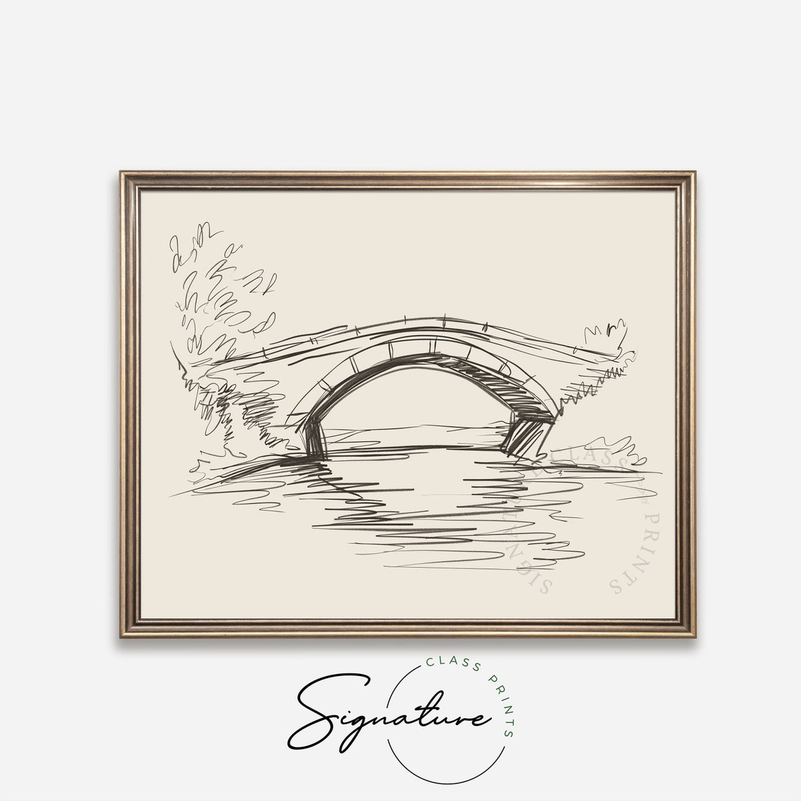 Stone Bridge Over Calm River Quick Ink Sketch Rural Poster Art - Image 4