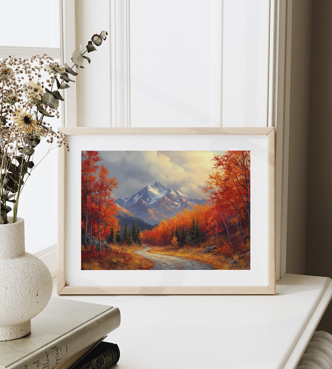 Cobblestone Path Autumn Forest Mountain Peak Oil Painting Poster - Image 6