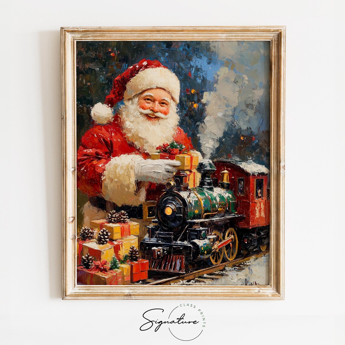 Santa Claus With a Vintage Steam Toy Train and Christmas Gifts Poster