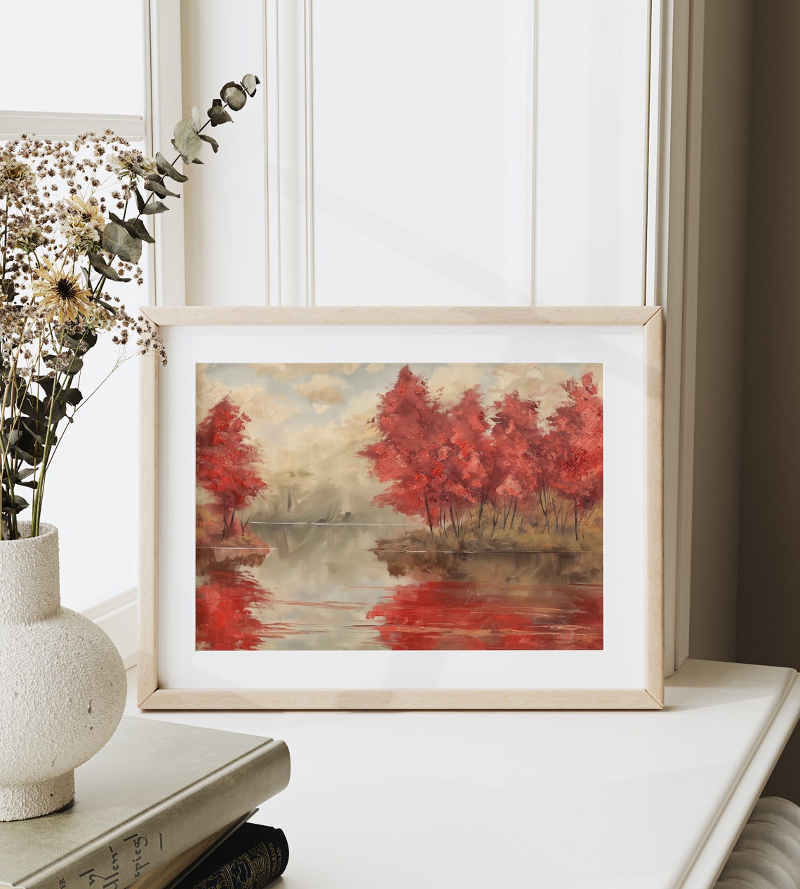 Scarlet Red Maple Trees Misty Lakeshore Tranquil Autumn Poster - Image 6