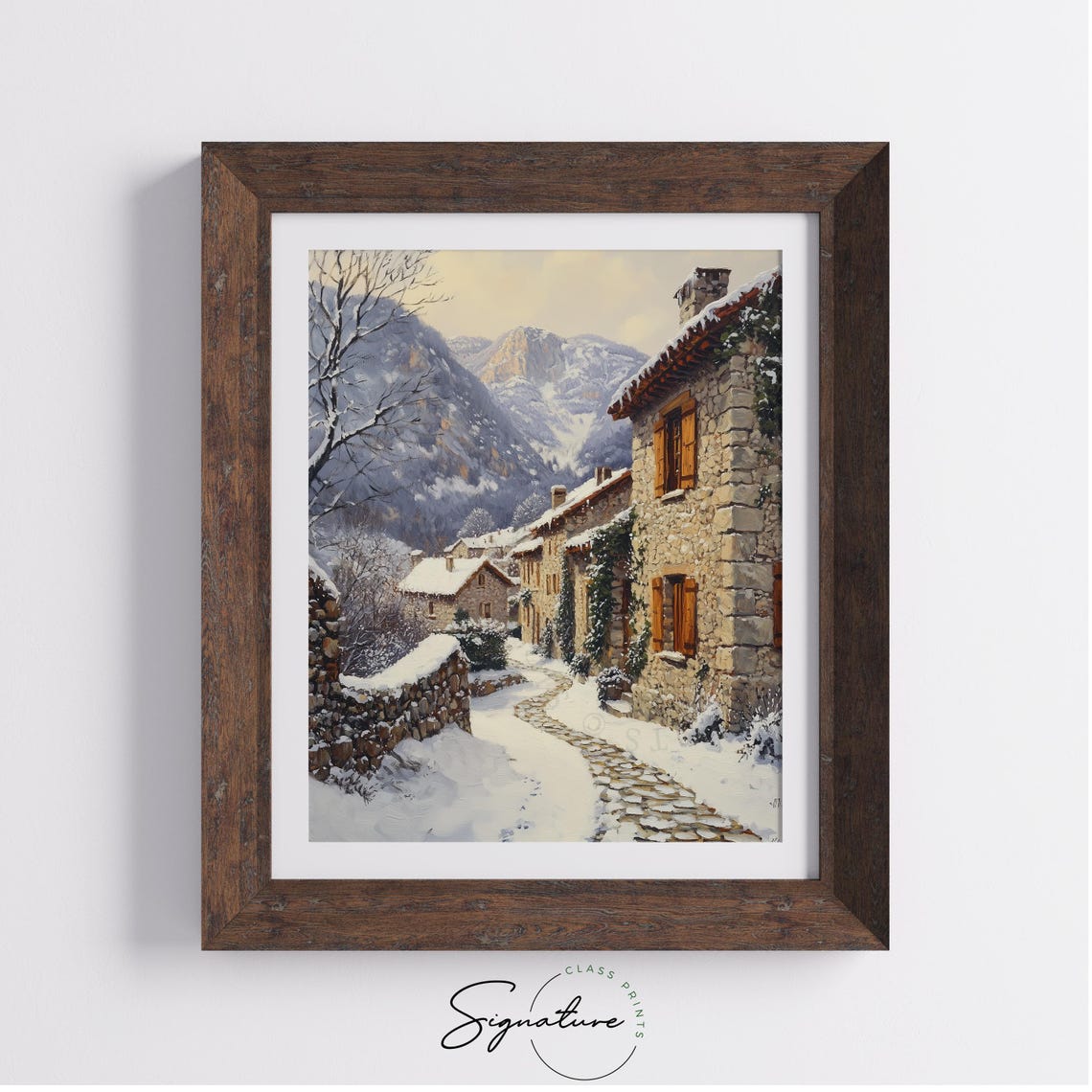 Alpine Stone Village Lane at Sunrise Snowy Mountain Scene Poster - Image 3