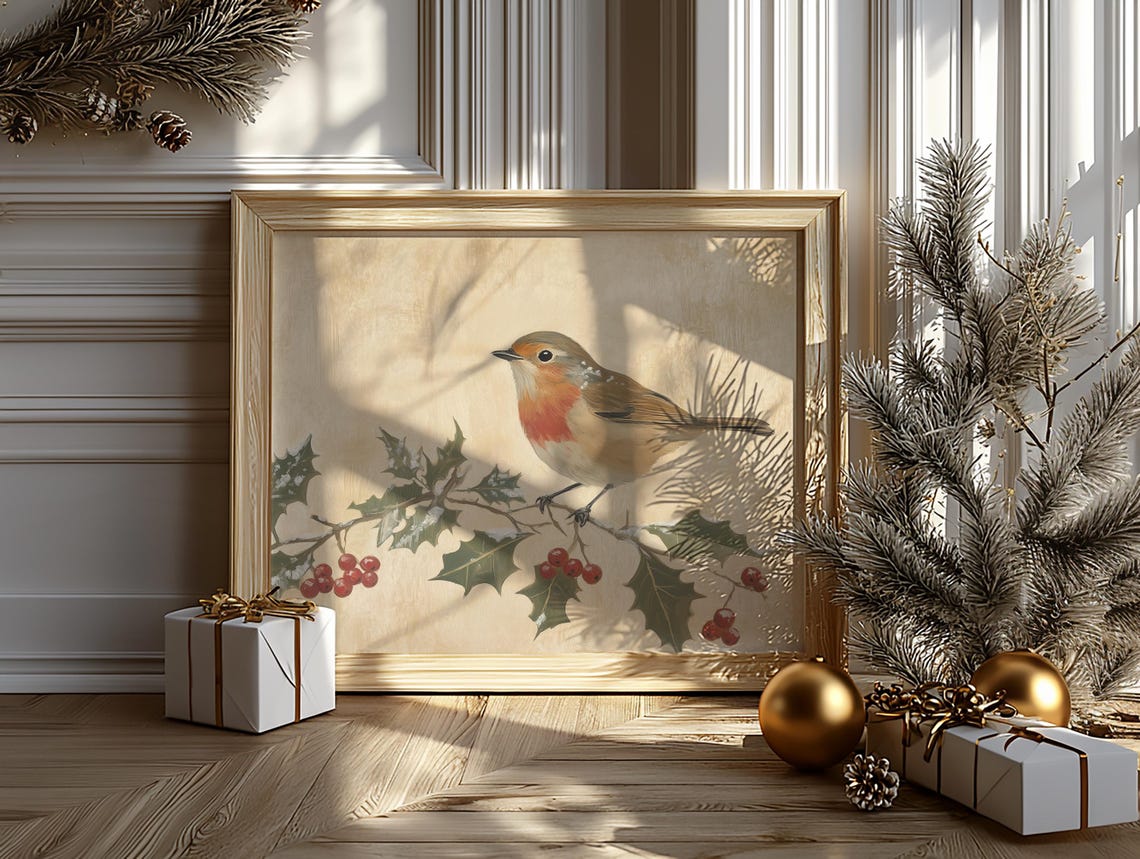 Sweet Robin With Holly And Snowberries Vintage Winter Bird Print - Image 6