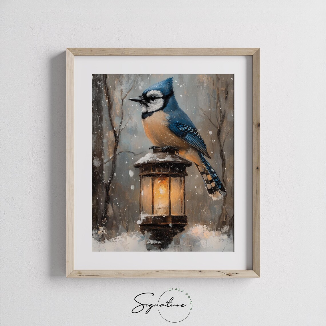 Blue Jay Snowy Lantern Night Winter Bird Wildlife Oil Painting Poster - Image 3