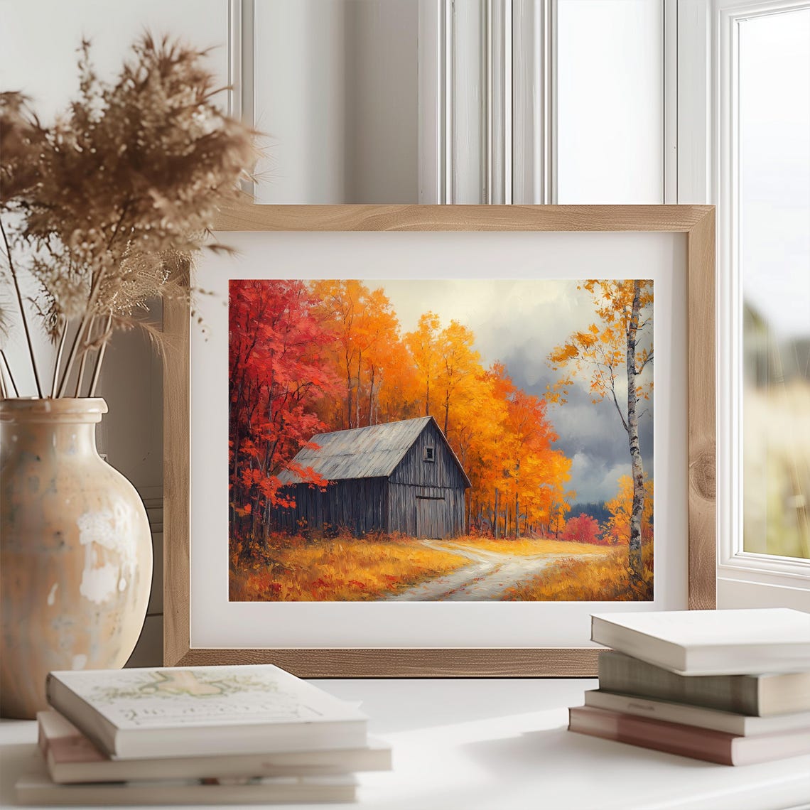Wooden Barn Autumn Maples Red Forest Fall Rustic Landscape Wall Art - Image 2