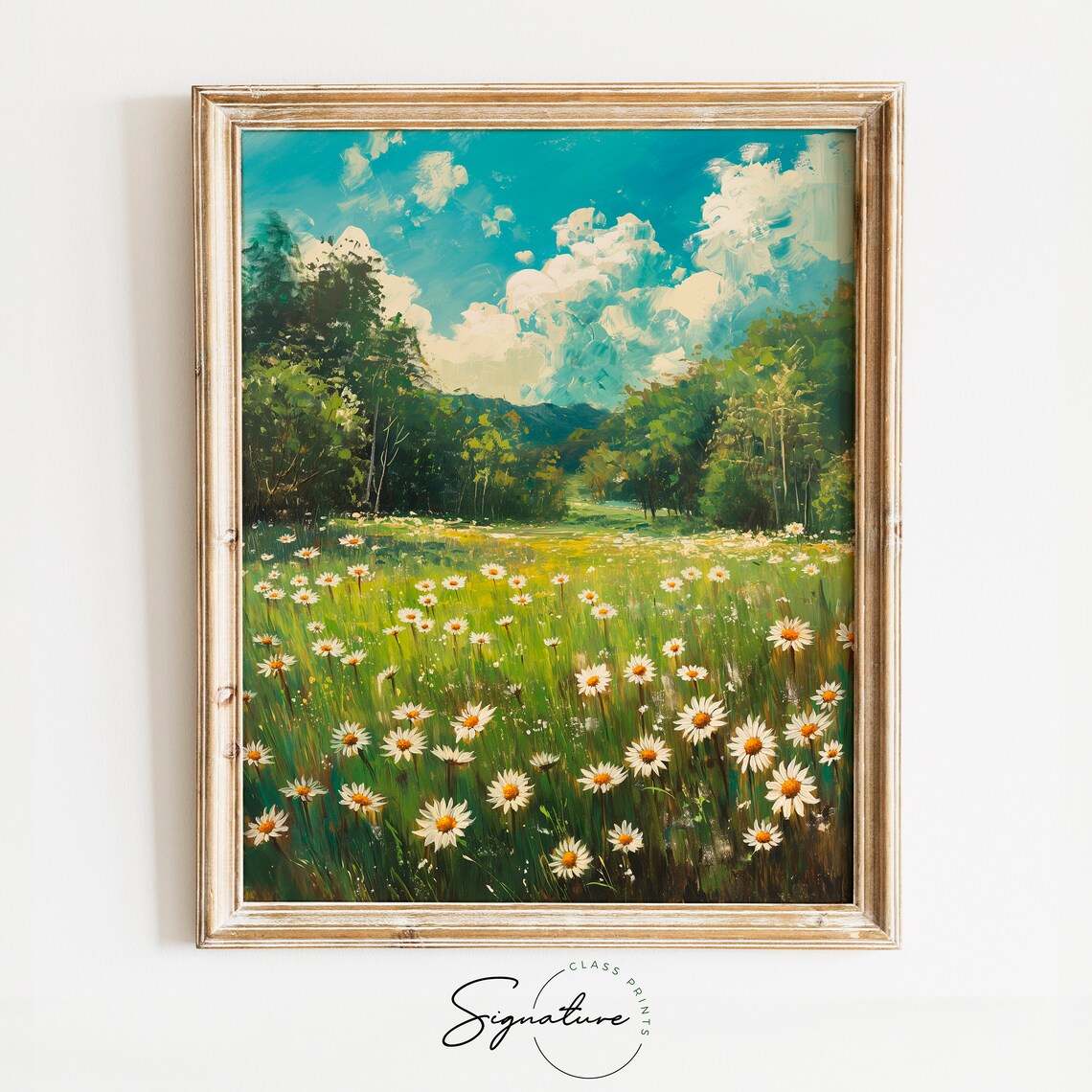 Spring Daisy Meadow White Blooms Blue Sky Sunny Floral Field Oil Poster