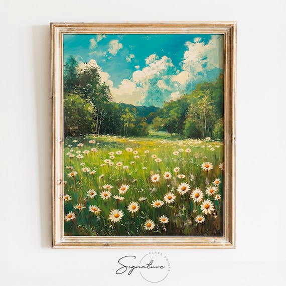 Spring Daisy Meadow White Blooms Blue Sky Sunny Floral Field Oil Poster