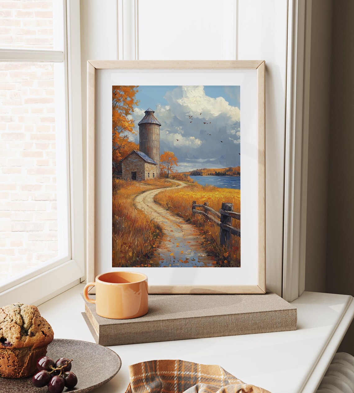 Stone Barn and Silo by the Lake With Winding Path and Rustic Fence Wall Art - Image 6