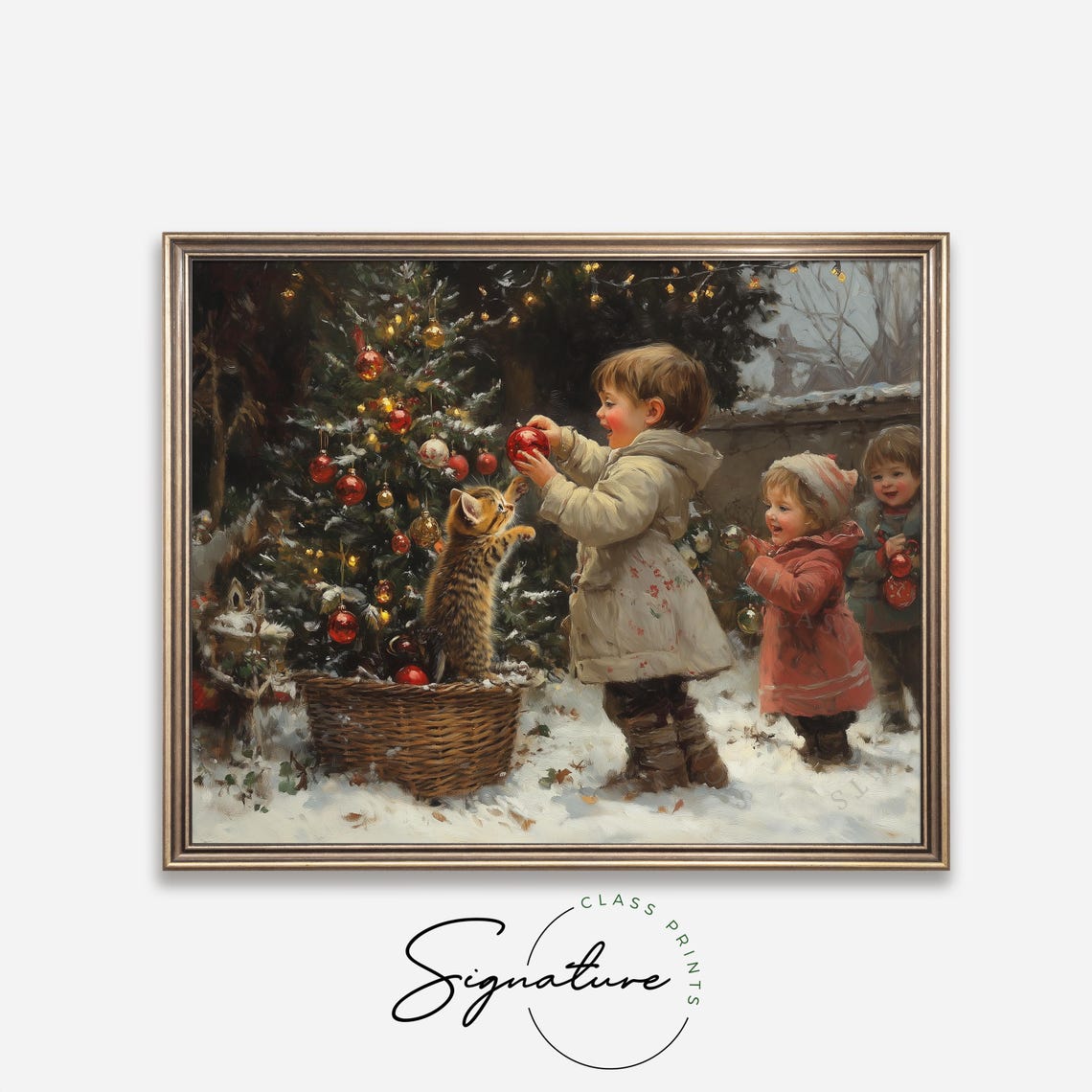 Children and a Kitten Decorating a Small Christmas Tree in Snow Poster - Image 4