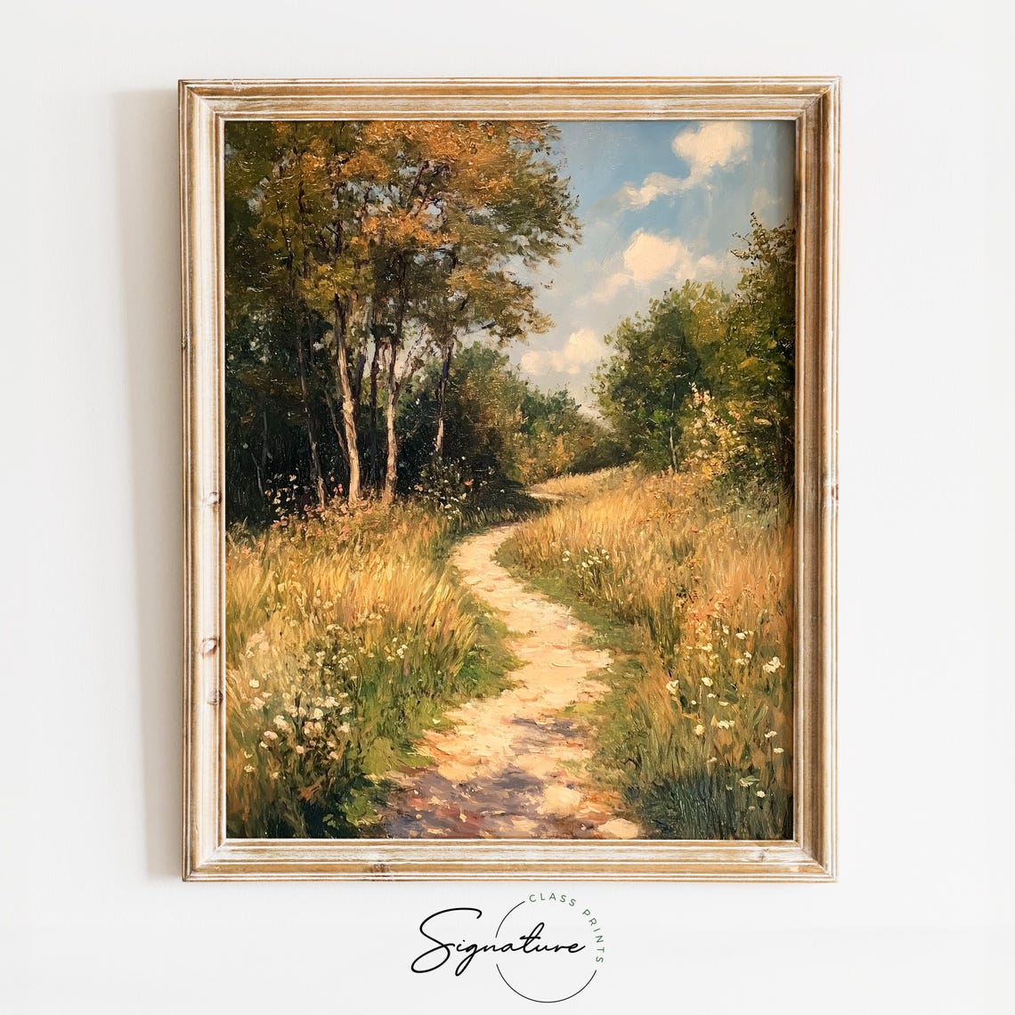 Sunlit Wildflower Meadow Path With Trees Under Bright Blue Sky Poster