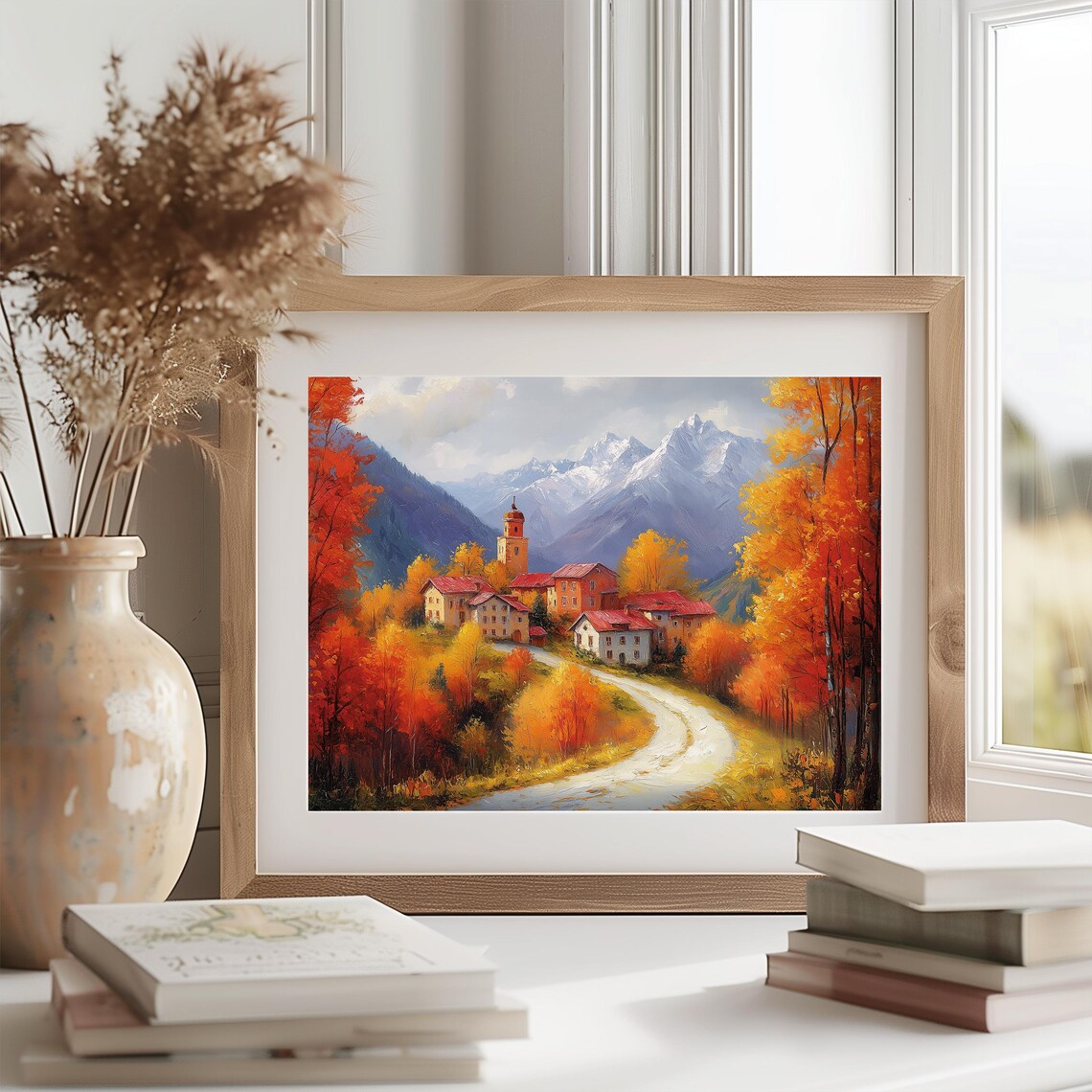 Mountain Village Church Winding Road Autumn Oil Painting Poster - Image 2