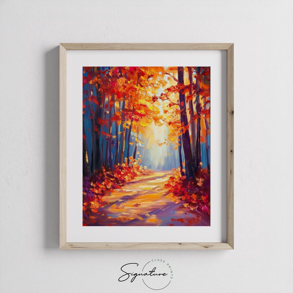 Blazing Red Autumn Forest Path with Light Breaking Through Trees Poster - Image 3