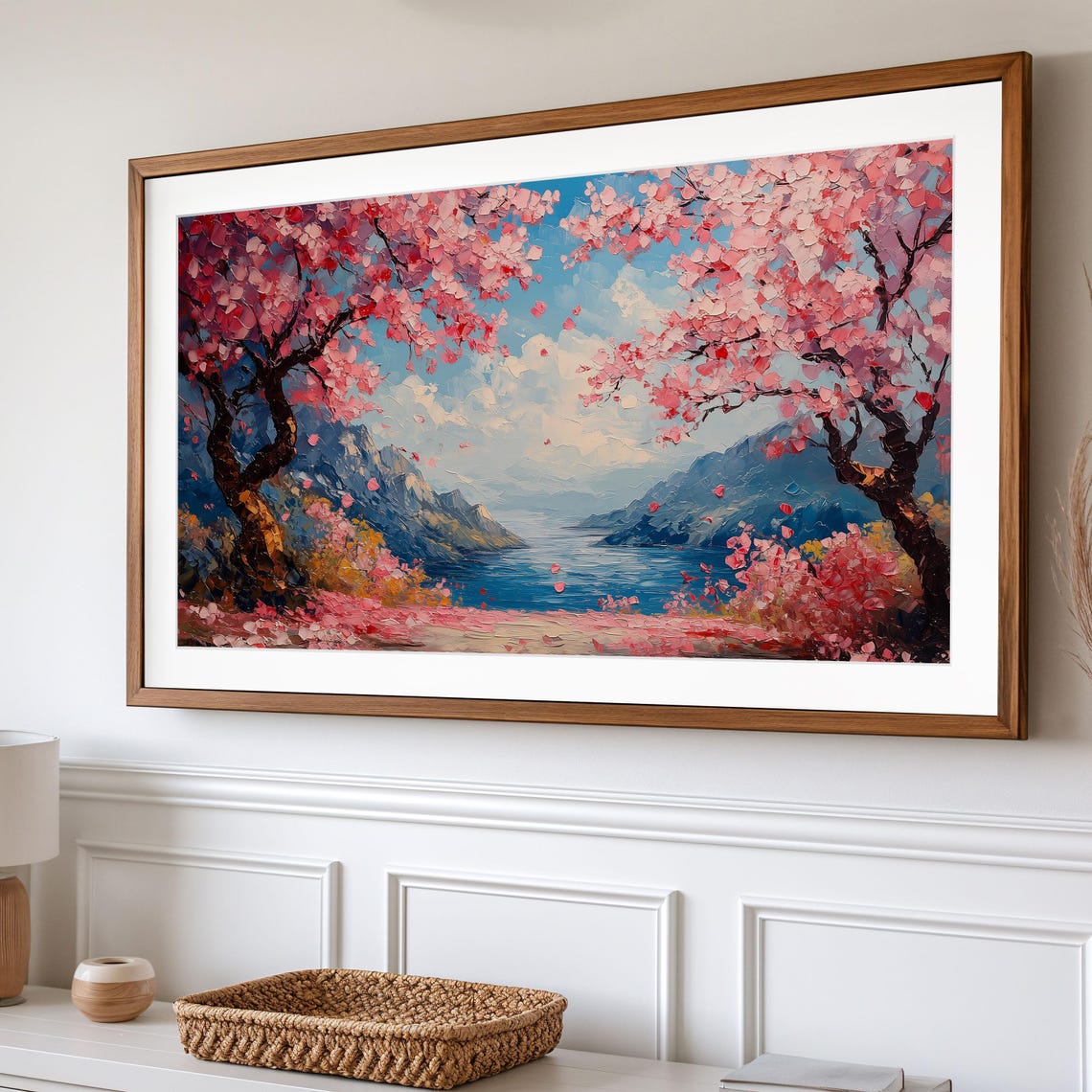 Cherry Blossom Trees Framing River Valley With Mountains Poster - Image 2