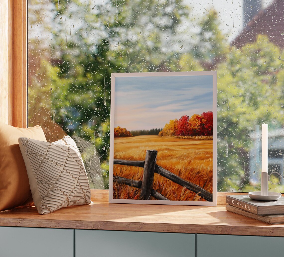 Split Rail Fence Across Golden Meadow With Fiery Autumn Treeline Wall Art - Image 2